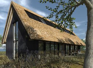 klassiek langhuis moderne architectuur klassiek eiken gebint onder riet kap zwart hout vide daglicht